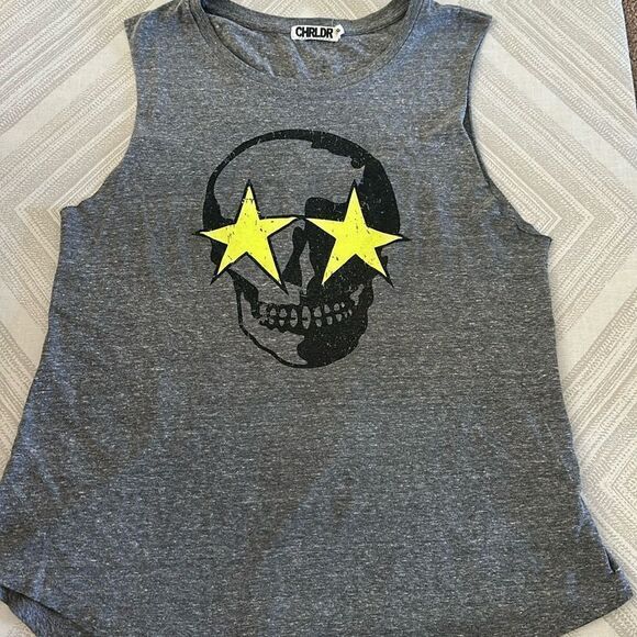 Chrldr Skull with Neon Yellow Stars Grey Tank Top - Picture 1 of 6